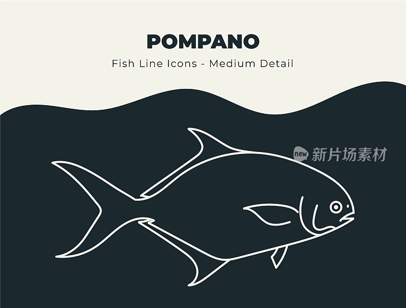 Pompano -海洋和河流鱼线图标集。潜入与鱼和海鲜库存矢量的创意图标的海洋，包括鱼鳞，鳍和水生海洋生物的插图